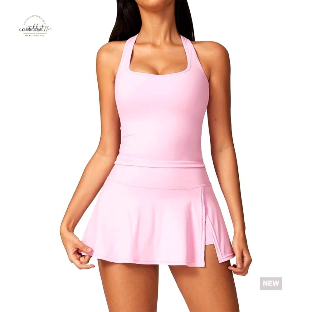 2 Piece Tennis Dress Set with Built-in Shorts, Racerback Crop Top, Slim Fit
